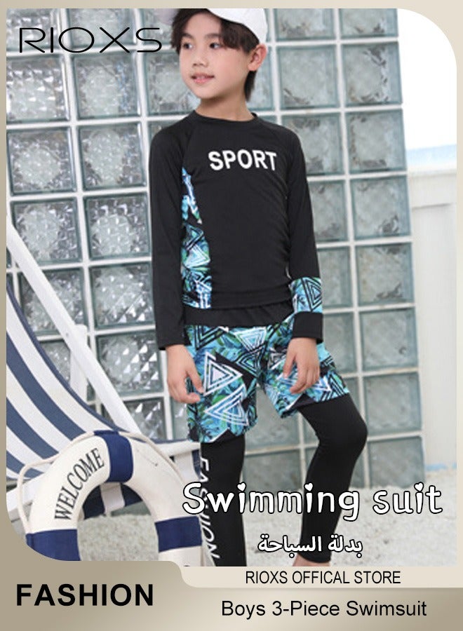 ريوكس ملابس سباحة للأولاد من 3 قطع بأكمام طويلة، ملابس سباحة قابلة للتنفس وسريعة الجفاف، قميص سباحة بأكمام طويلة وشورت سباحة مع قبعات واقية من الشمس للأولاد، ملابس سباحة مطاطية مقاومة للرطوبة ومقاومة للأشعة فوق البنفسجية، للسباحة والتزلج على الأمواج والغوص على الشاطئ. - Image 5