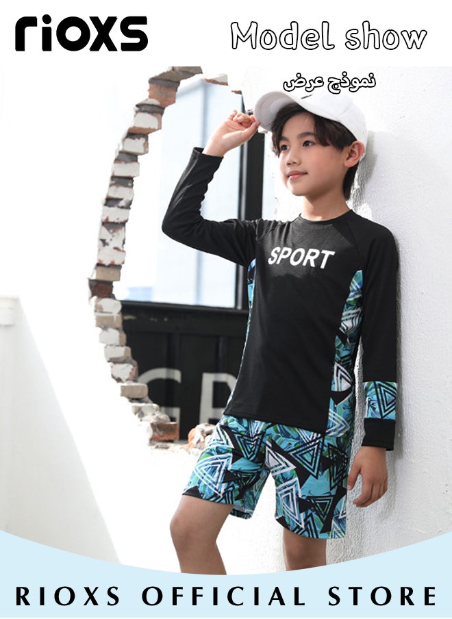 RIOXS Kids Boys' 3-Piece Swimwear,Long Sleeve Rash Guard Swimsuit With Sun Protection Caps For Boys,Moisture-wicking Breathable Bathing Swimwear,Quick-drying Swimwear For Beach Surfing Diving Swimming  - Image 3