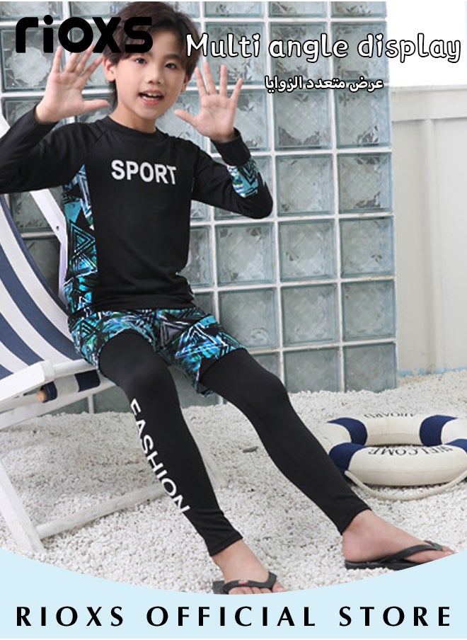 RIOXS Kids Boys' 3-Piece Swimwear,Long Sleeve Rash Guard Swimsuit With Sun Protection Caps For Boys,Moisture-wicking Breathable Bathing Swimwear,Quick-drying Swimwear For Beach Surfing Diving Swimming  - Image 4