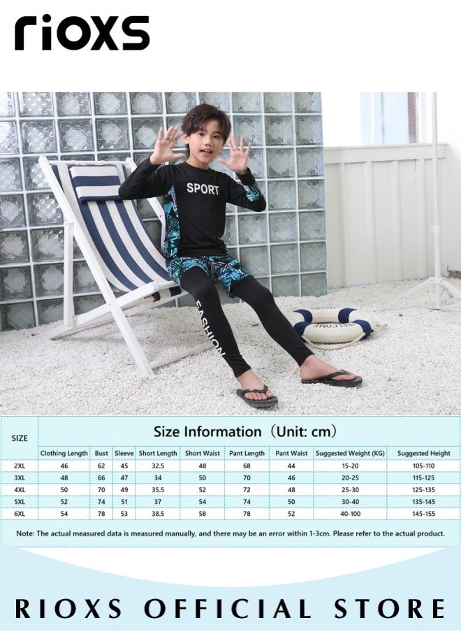 RIOXS Kids Boys' 3-Piece Swimwear,Long Sleeve Rash Guard Swimsuit With Sun Protection Caps For Boys,Moisture-wicking Breathable Bathing Swimwear,Quick-drying Swimwear For Beach Surfing Diving Swimming  - Image 5