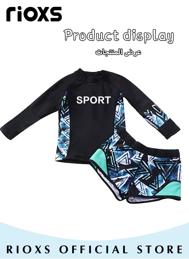 RIOXS Kids Boys' 3-Piece Swimwear,Long Sleeve Rash Guard Swimsuit With Sun Protection Caps For Boys,Moisture-wicking Breathable Bathing Swimwear,Quick-drying Swimwear For Beach Surfing Diving Swimming  - Image 2