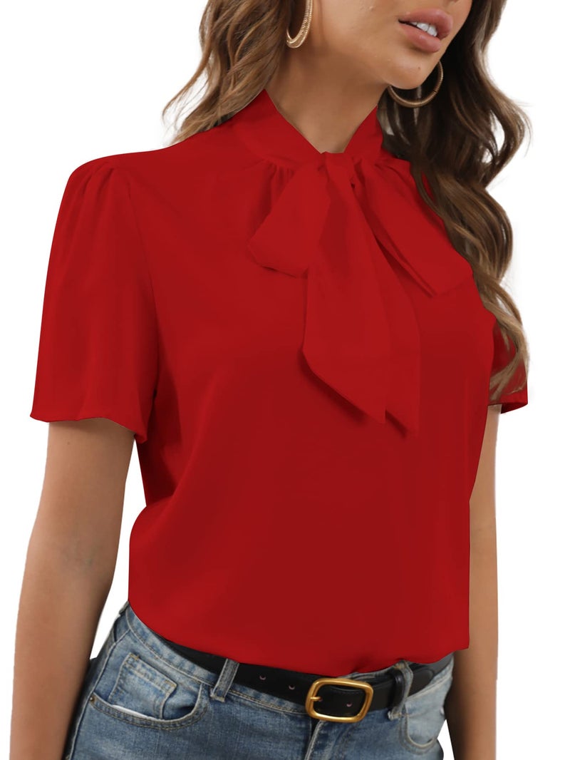 Rooscier Women's Bow Tie Knot Mock Neck Short Sleeve Elegant Workwear Blouse Shirt Top Red Small - Image 5