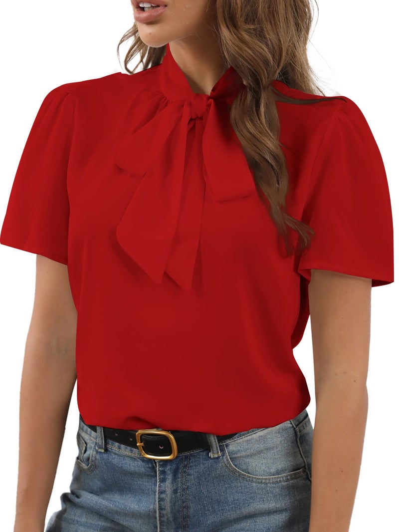 Rooscier Women's Bow Tie Knot Mock Neck Short Sleeve Elegant Workwear Blouse Shirt Top Red Small - Image 1