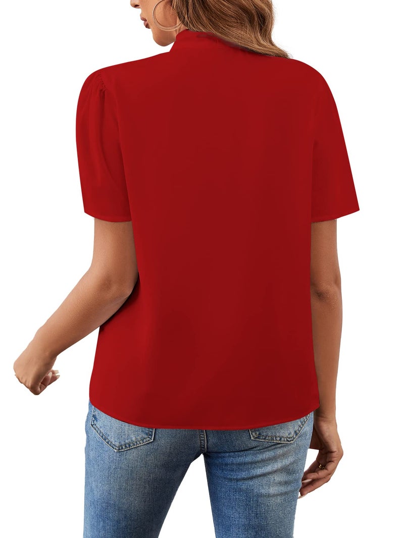 Rooscier Women's Bow Tie Knot Mock Neck Short Sleeve Elegant Workwear Blouse Shirt Top Red Small - Image 2