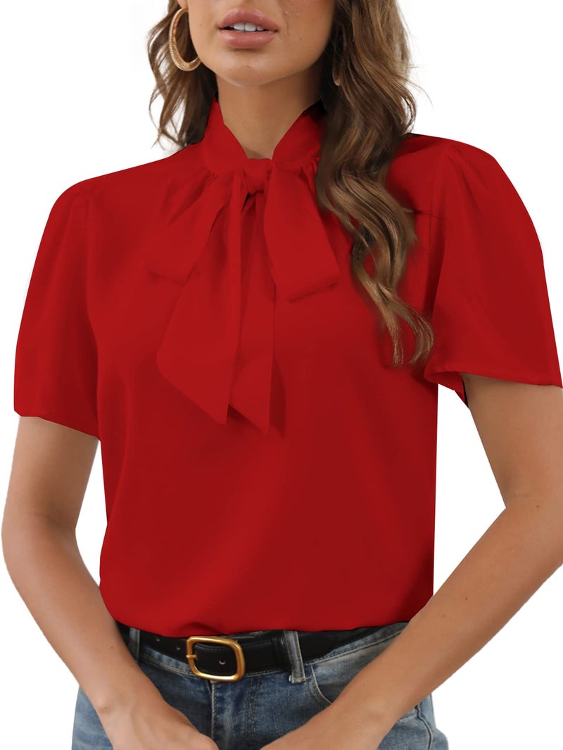 Rooscier Women's Bow Tie Knot Mock Neck Short Sleeve Elegant Workwear Blouse Shirt Top Red Small - Image 3