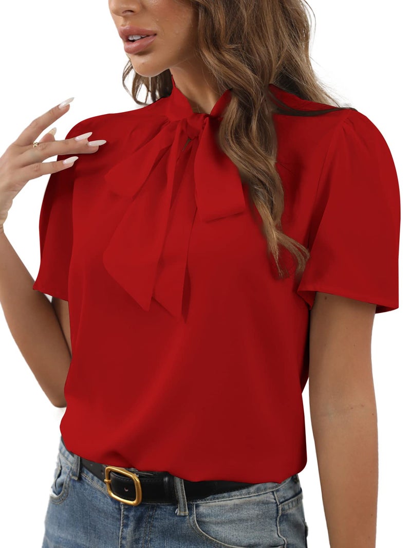 Rooscier Women's Bow Tie Knot Mock Neck Short Sleeve Elegant Workwear Blouse Shirt Top Red Small - Image 4