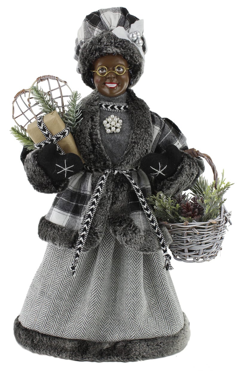 Windy Hill Collection 16 Inch Standing Black  White Checkered African American Ethnic Mrs Claus Christmas Figurine Figure Decoration 162061