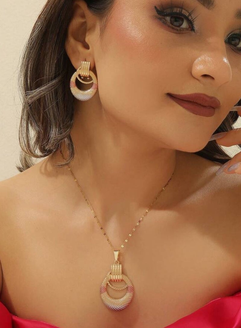 Women's Elegant Gold Stainless Steel Necklace u0026 Earrings Jewellery Set - Image 1
