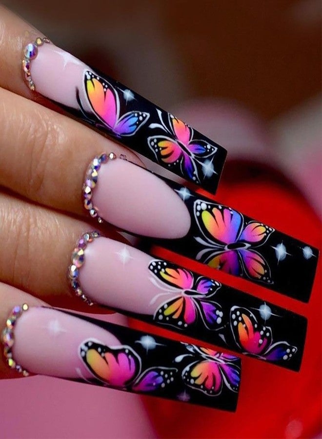 Vezocim Butterfly Press on Nails Square Shapes, 24Pcs Long Black French Artificial Fake Nails with Rhinestone Designs, Full Cover Acrylic False Nails with Glue, Stick on Fingernails for Women(B1792) - Image 1