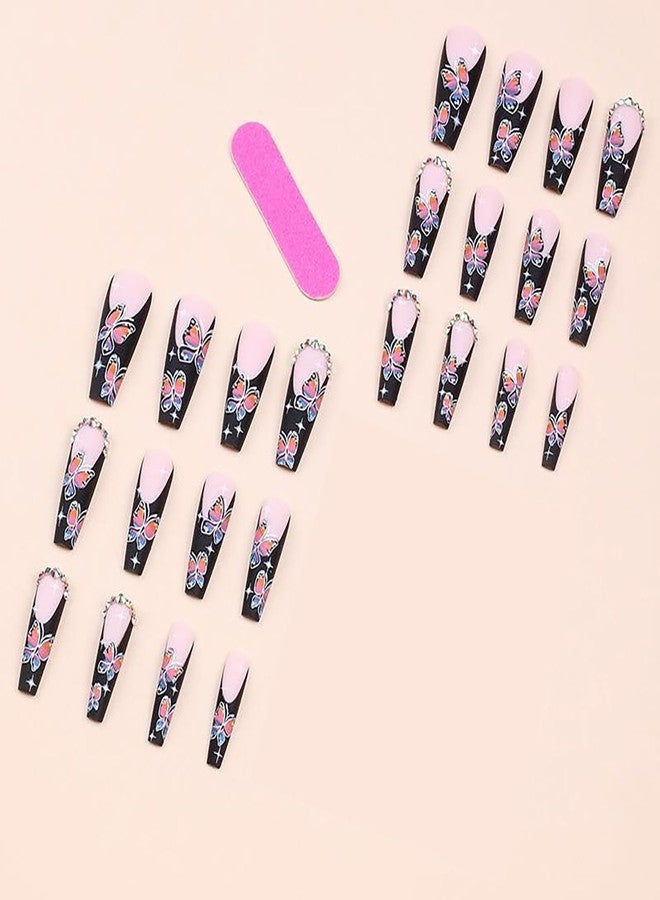 Vezocim Butterfly Press on Nails Square Shapes, 24Pcs Long Black French Artificial Fake Nails with Rhinestone Designs, Full Cover Acrylic False Nails with Glue, Stick on Fingernails for Women(B1792) - Image 3