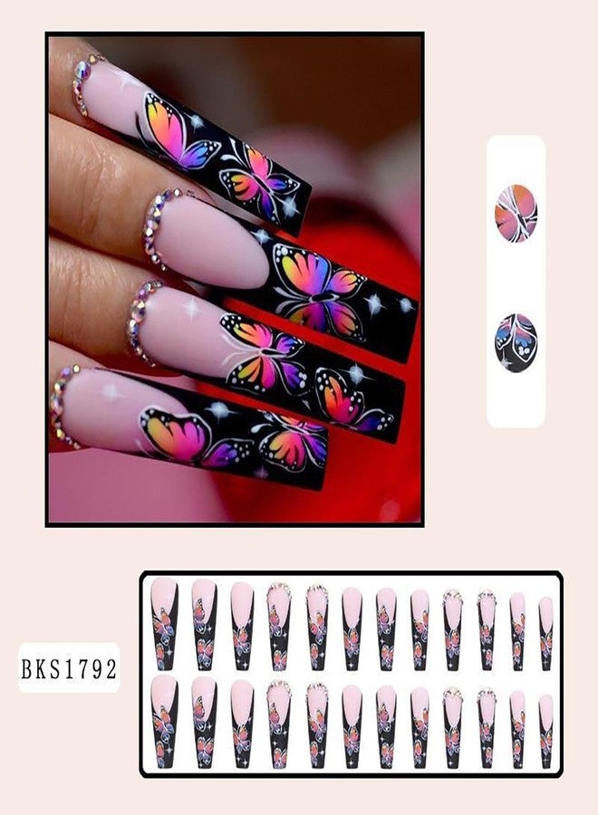 Vezocim Butterfly Press on Nails Square Shapes, 24Pcs Long Black French Artificial Fake Nails with Rhinestone Designs, Full Cover Acrylic False Nails with Glue, Stick on Fingernails for Women(B1792) - Image 2