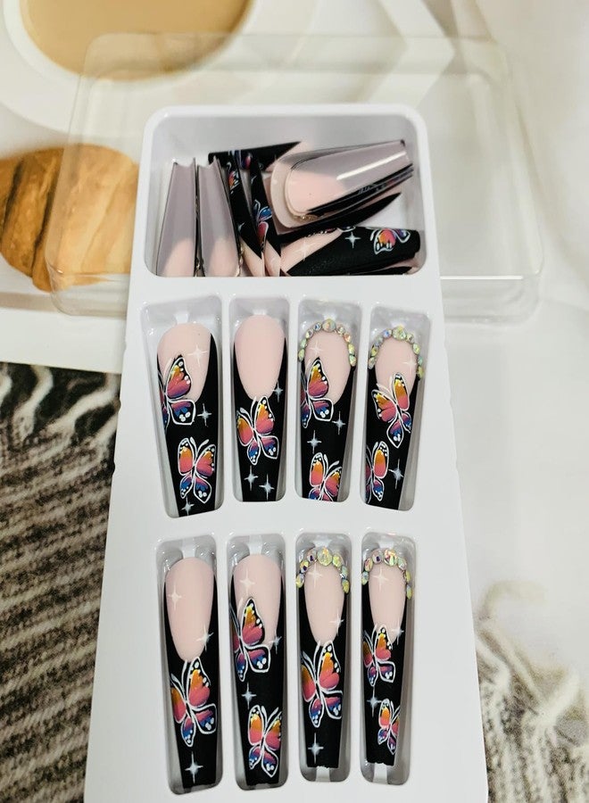 Vezocim Butterfly Press on Nails Square Shapes, 24Pcs Long Black French Artificial Fake Nails with Rhinestone Designs, Full Cover Acrylic False Nails with Glue, Stick on Fingernails for Women(B1792) - Image 5