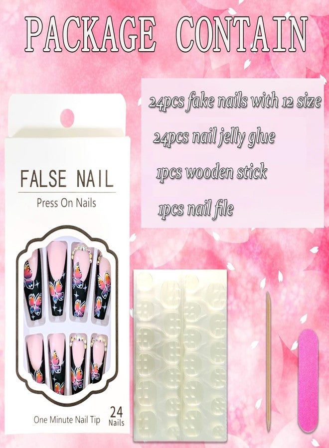 Vezocim Butterfly Press on Nails Square Shapes, 24Pcs Long Black French Artificial Fake Nails with Rhinestone Designs, Full Cover Acrylic False Nails with Glue, Stick on Fingernails for Women(B1792) - Image 4