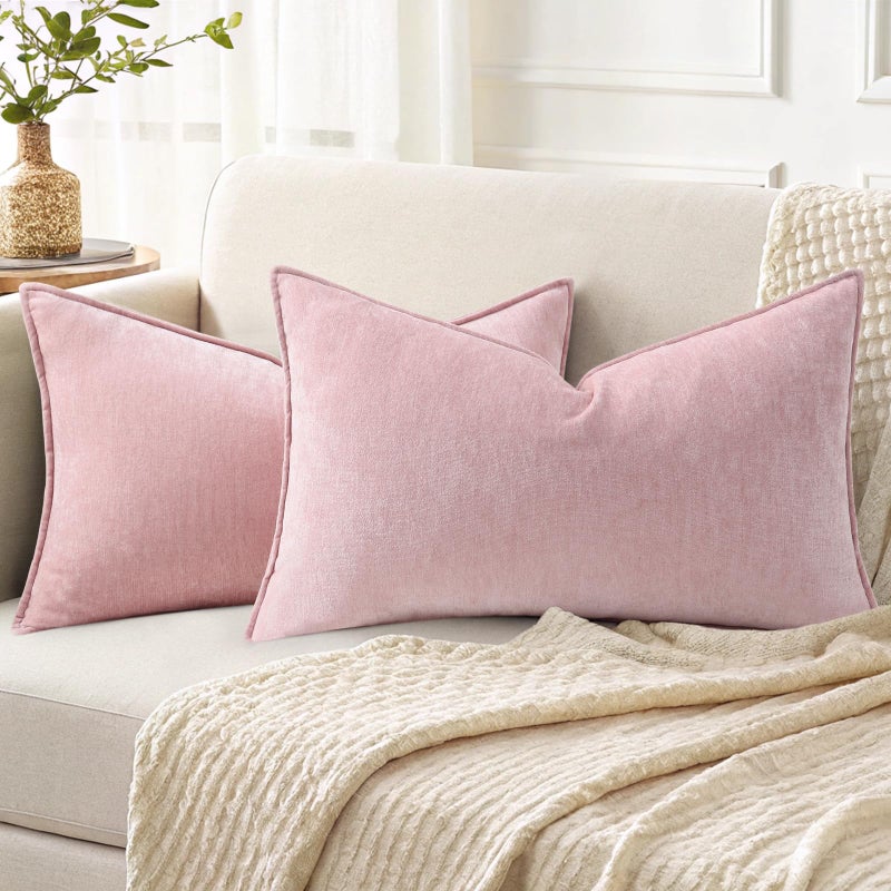 decorUhome Spring Couch Throw Pillow Covers 12x20 Set of 2, Decorative Soft Velvet Modern Cozy Chenille Lumbar Pillow Cases with Elegant Design for Sofa Bed Living Room Valentines Decor, Blush Pink - Image 1