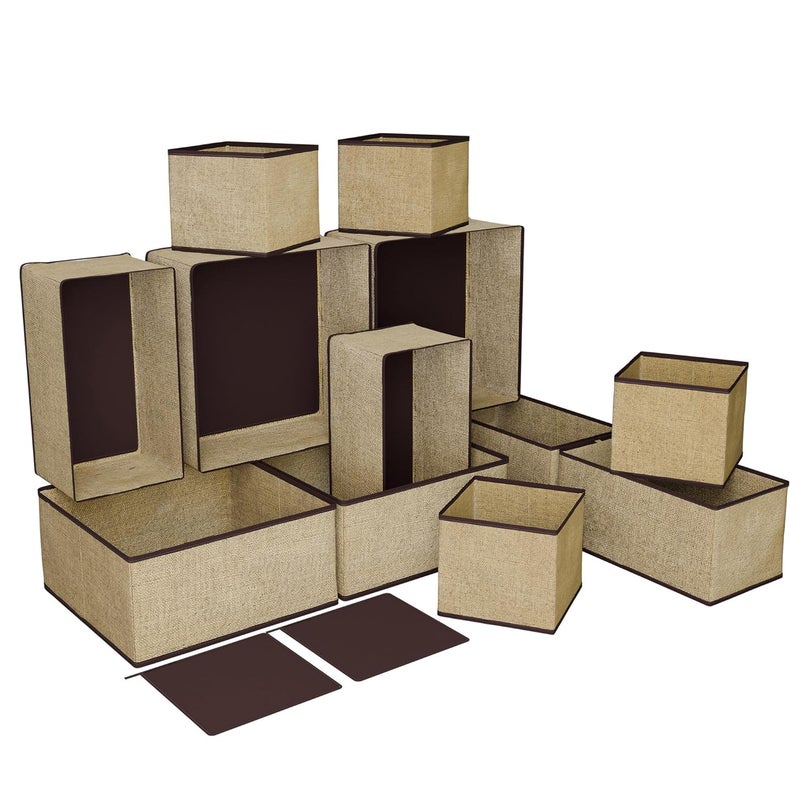 Kuber Industries 12 Pieces Foldable Drawer Organizer Jute Fabric Wardrobe Organizer for Clothes Storage Box for Socks Bra Tie and Scarfs Stationary Cabinet Organizer Brown - Image 1