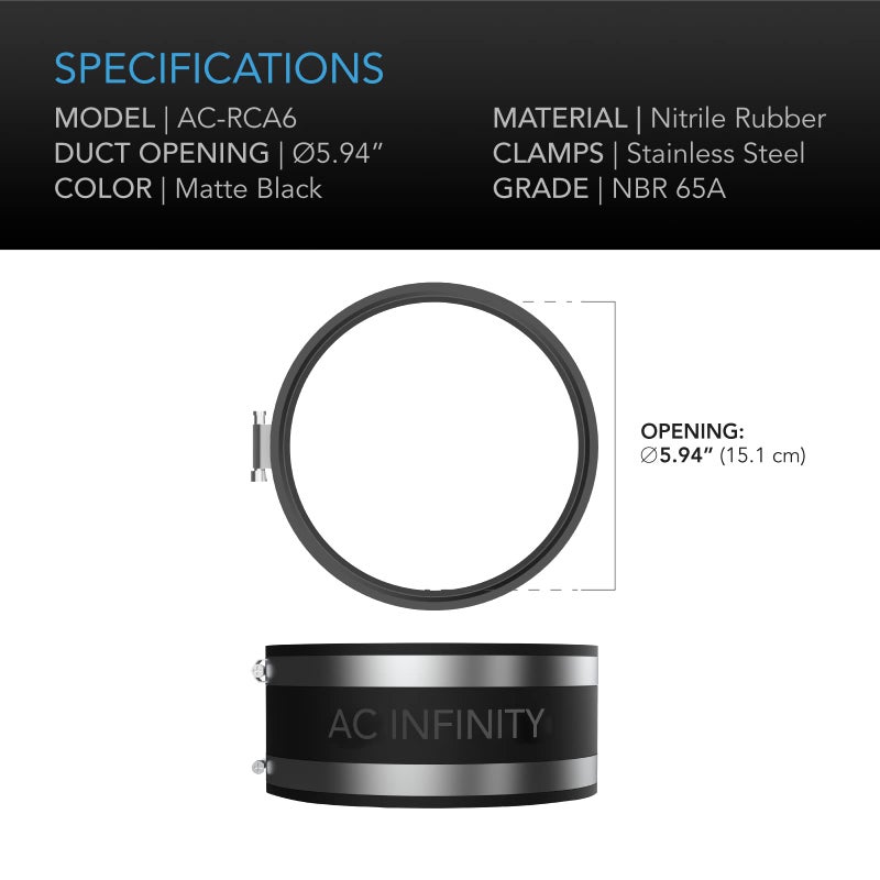 AC Infinity Noise Reduction Clamp 6-Inch, Duct Coupler with Stainless Steel Clamps, Flexible Rubber Coupling for Inline Fans and Carbon Filters in Growing and HVAC - Image 5
