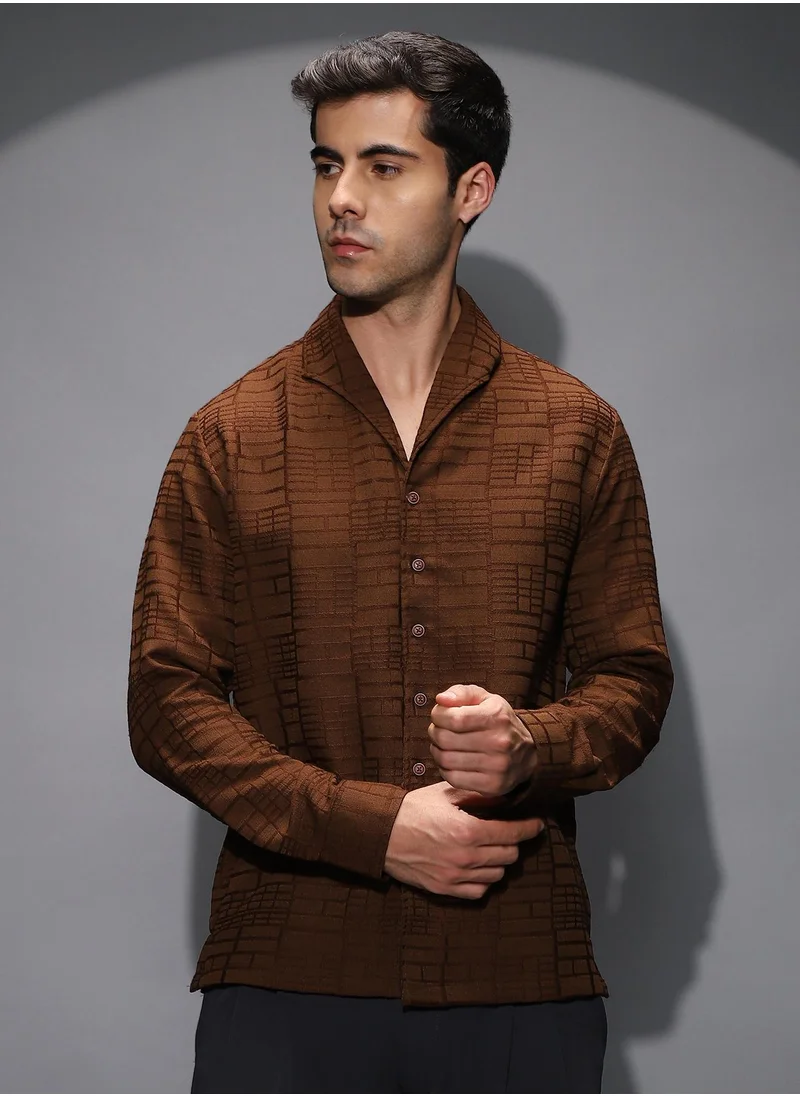 كامبوس سوترا Men's Flint Grey Cross-Stitch Stripe Knit Shirt For Casual Wear | Spread Collar | Short Regular Sleeves | Button Closure | Shirt Shirt Crafted With Comfort Fit For Everyday Wear
