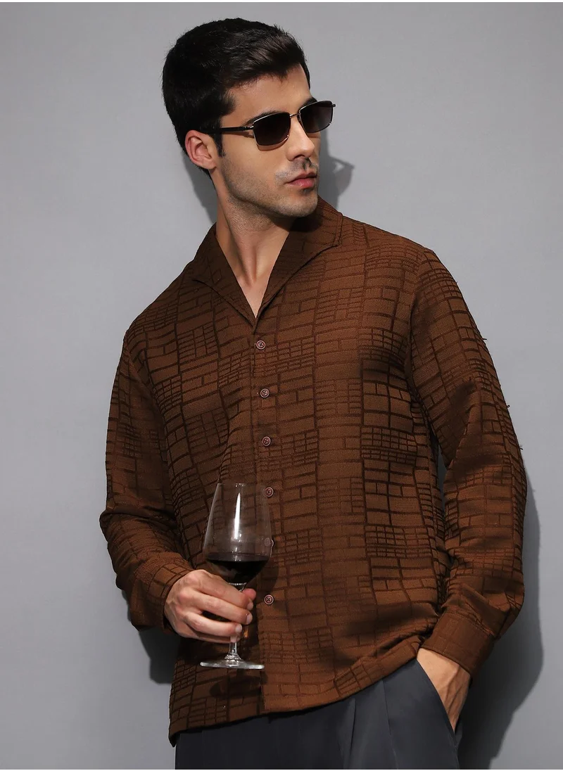 كامبوس سوترا Men's Flint Grey Cross-Stitch Stripe Knit Shirt For Casual Wear | Spread Collar | Short Regular Sleeves | Button Closure | Shirt Shirt Crafted With Comfort Fit For Everyday Wear