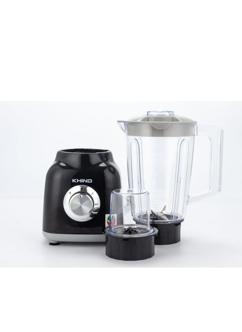 KHIND Blender BL 1542 ، كامل مع دورق سعة 1.5 لتر وراحة 2 من إعدادات السرعة. بالإضافة إلى ذلك ، يأتي مزودًا بوعاء طاحونة جاف سعة 0.6 لتر يسمح لك بطحن المكونات السوداء بسهولة.