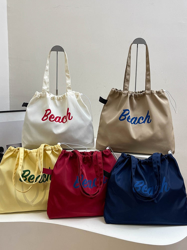 Korean Style New Letter Printed Bag Women'S Large Capacity Nylon Shoulder Bag Casual Simple Portable Drawstring Tote Bag - Image 2