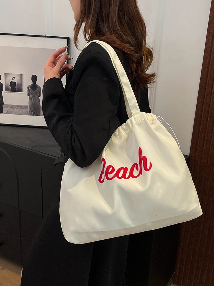 Korean Style New Letter Printed Bag Women'S Large Capacity Nylon Shoulder Bag Casual Simple Portable Drawstring Tote Bag - Image 3