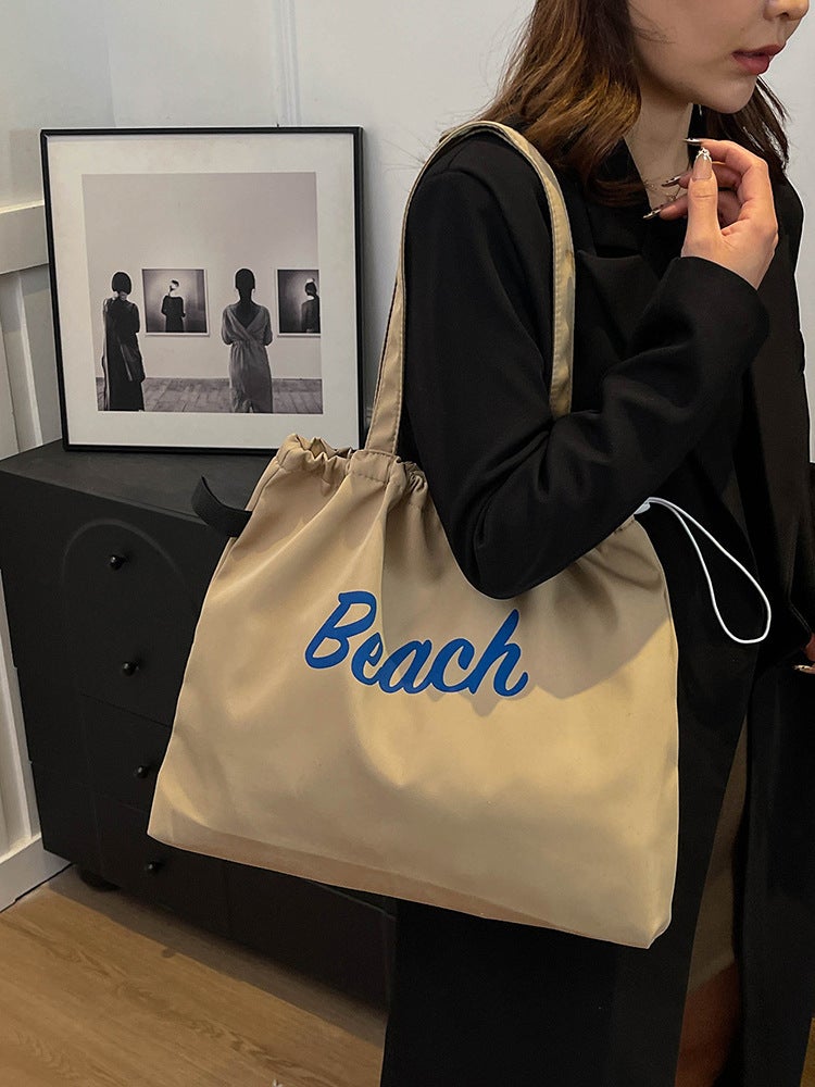 Korean Style New Letter Printed Bag Women'S Large Capacity Nylon Shoulder Bag Casual Simple Portable Drawstring Tote Bag - Image 5