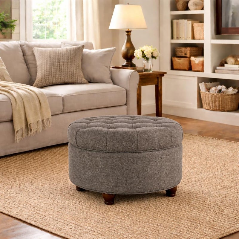 Homepop Home Decor | Large Button Tufted Woven Round Storage Ottoman | Ottoman with Storage for Living Room & Bedroom (Dark Gray) - Image 2