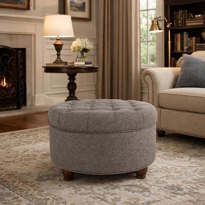 Homepop Home Decor | Large Button Tufted Woven Round Storage Ottoman | Ottoman with Storage for Living Room & Bedroom (Dark Gray) - Image 4