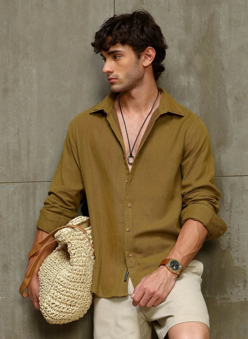 CAHOOT Men's Dark-Mustard Plain/Basic Regular Shirt For Casual Wear | Collared Neck | Long Sleeve | Button Closure | Cotton Blend Shirt Crafted With Comfort Fit For Everyday Wear