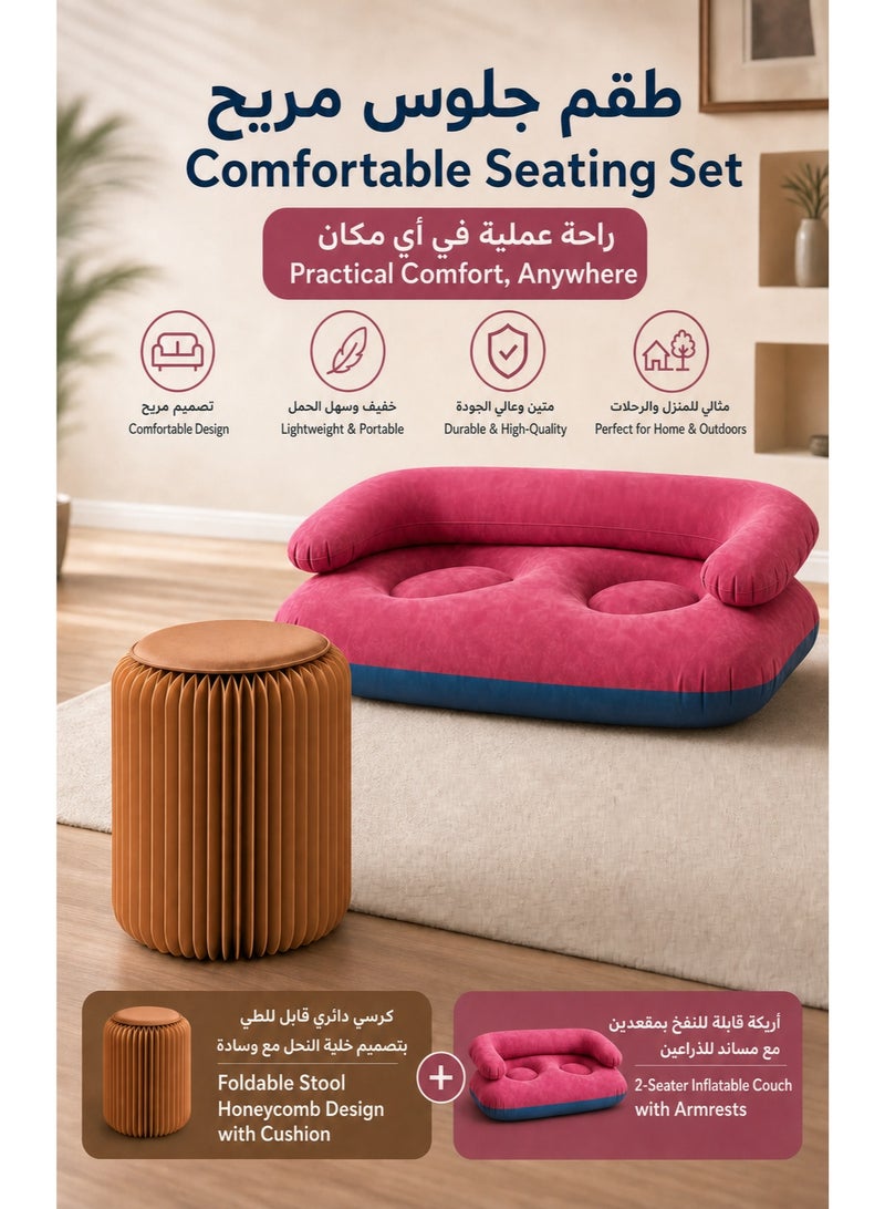 2-Seater Inflatable Couch with Armrests + Foldable Honeycomb Paper Stool with Cushion, Comfortable Seating Set, Lightweight Portable Durable Sofa for Home Living Room Camping Outdoor - Image 1