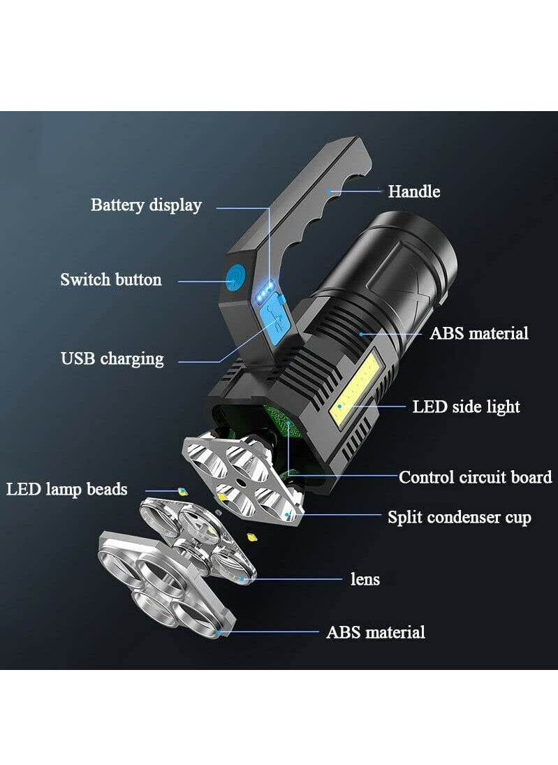 Excefore - led flashlight,LED Flashlight USB Rechargeable, High Lumens Tactical Light with Sidelight, 4X LED, Zoomable, Handheld Super Brightest Flashlights, Portable Torch for Outdoor - Image 1