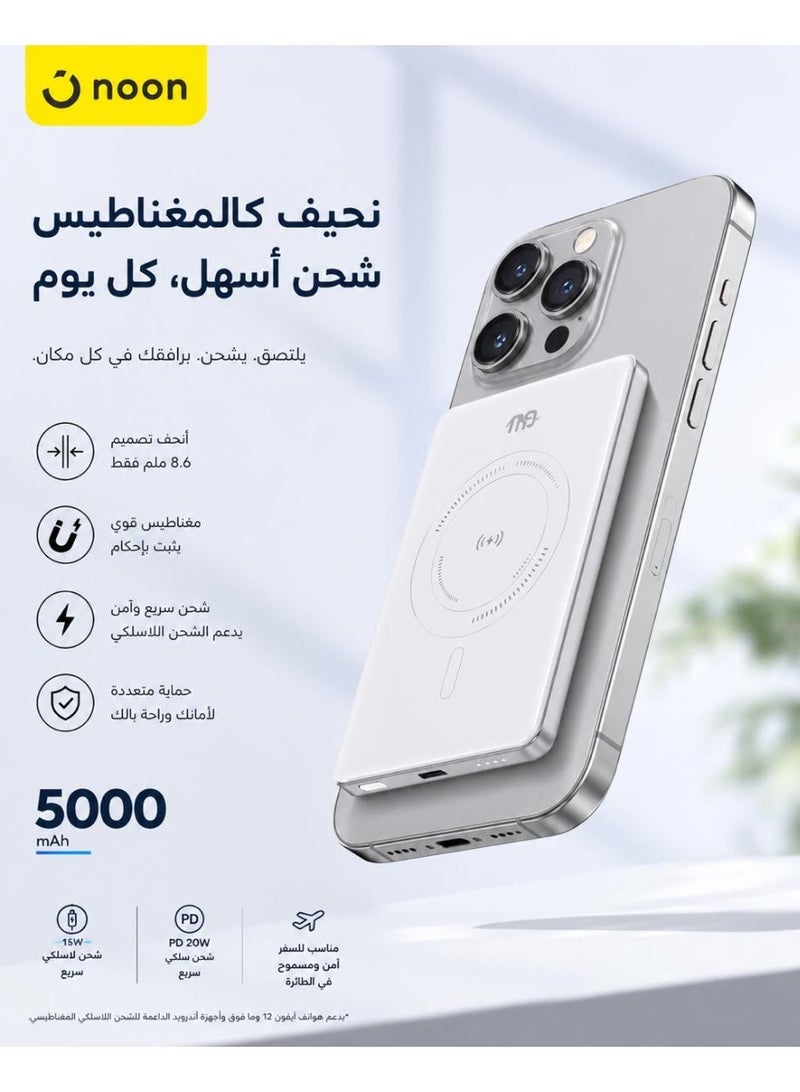 بنك طاقة مغناطيسي لاسلكي فائق النحافة موديل بسعة 5000 مللي أمبير - شحن سريع PD بقوة 20 واط ومتوافق مع تقنية الماق سيف (MagSafe). - Image 1