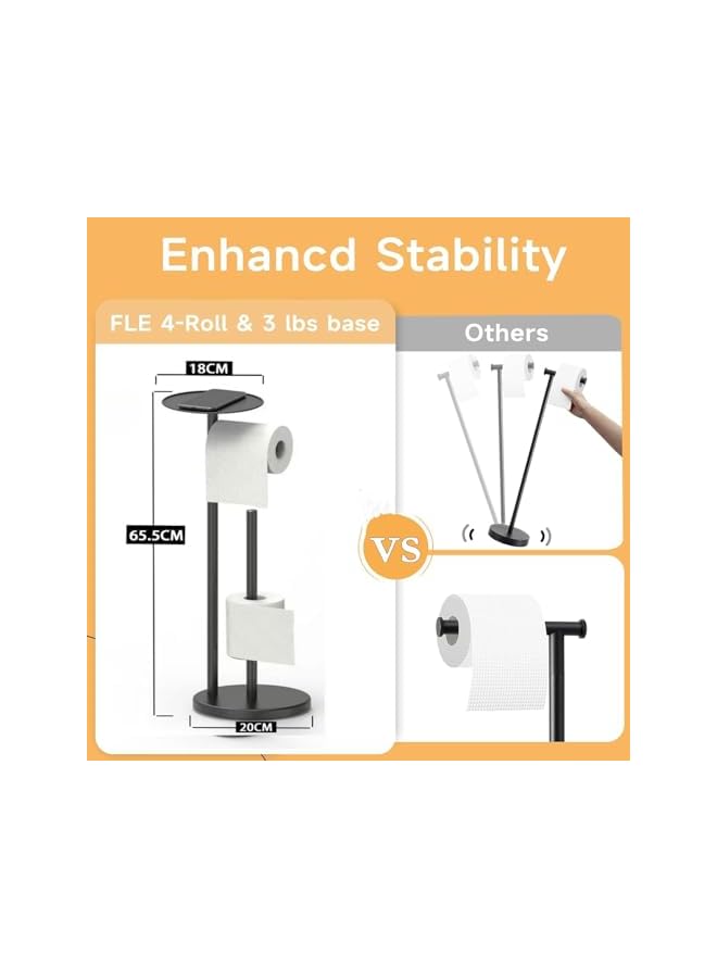 S-TOP Toilet Paper Holder Stand with Top Storage Shelf, Free Standing Bathroom Toilet Paper Roll Holder, Floor Standing Toilet Roll,with Top Storage Shelf for Cell Phones, Wipe, Wallet and More (Black01) - Image 2