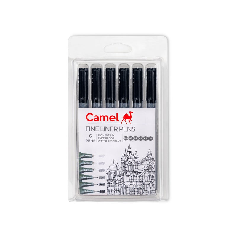 Camel Fine Liner Pens, assorted pack of 6 pens with 6 free A6 postcards - Image 1