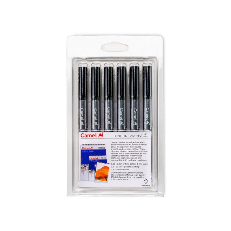Camel Fine Liner Pens, assorted pack of 6 pens with 6 free A6 postcards - Image 4