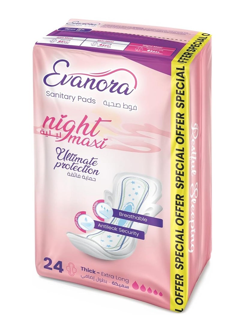 Evanora Night Maxi Sanitary Pads 24 Count | Extra Long & Thick | Ultimate Overnight Protection | Ultra Absorbent, Breathable, Anti-Leak | Feminine Hygiene Pads for Heavy Flow