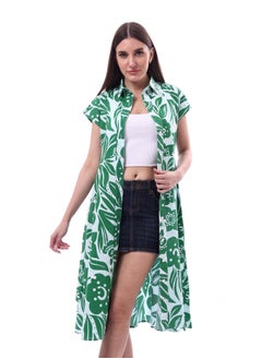 Andora Floral Dress Printed Short Sleeves _ Green & White  - Image 1