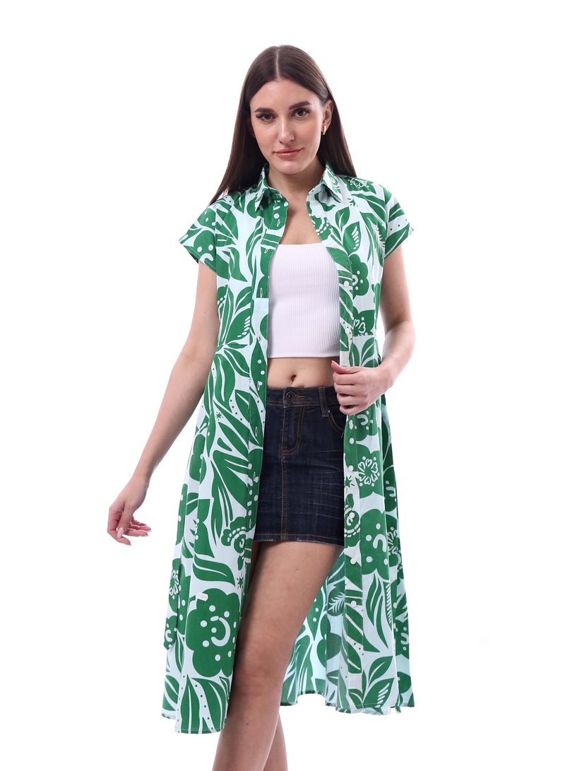 Andora Floral Dress Printed Short Sleeves _ Green & White - Image 1