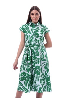 Andora Floral Dress Printed Short Sleeves _ Green & White  - Image 2