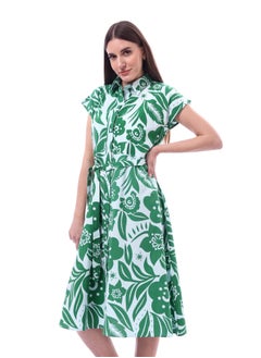 Andora Floral Dress Printed Short Sleeves _ Green & White  - Image 3