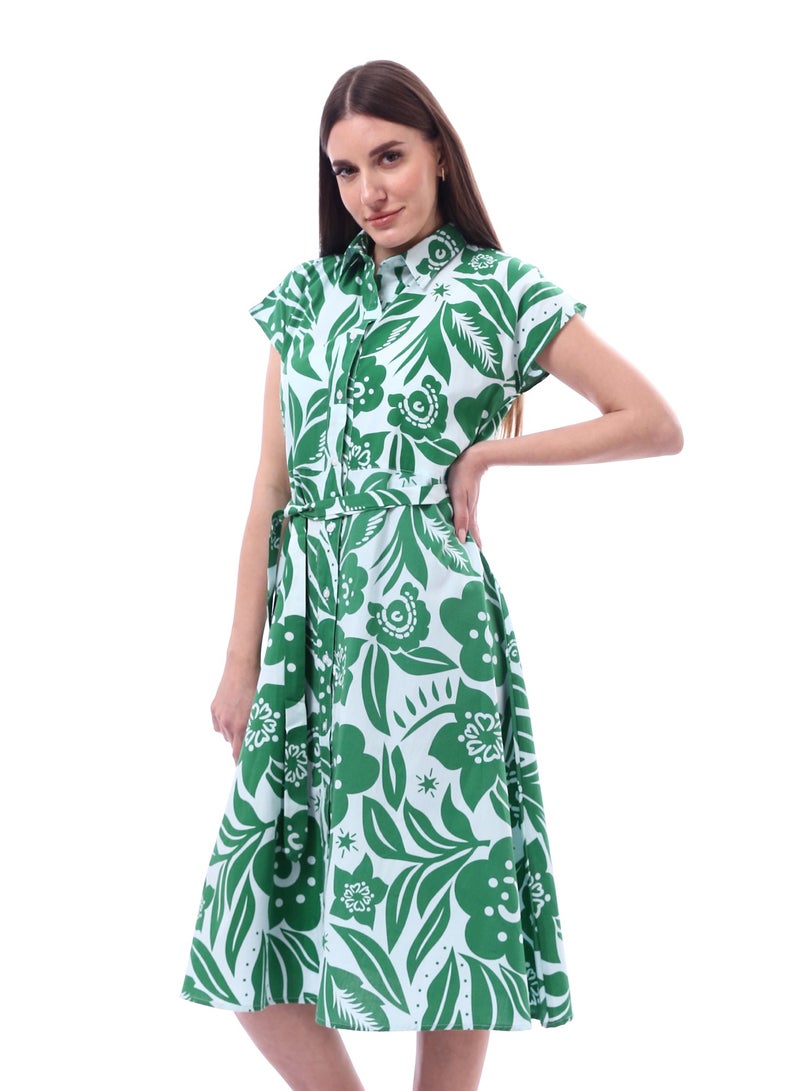 Andora Floral Dress Printed Short Sleeves _ Green & White - Image 3