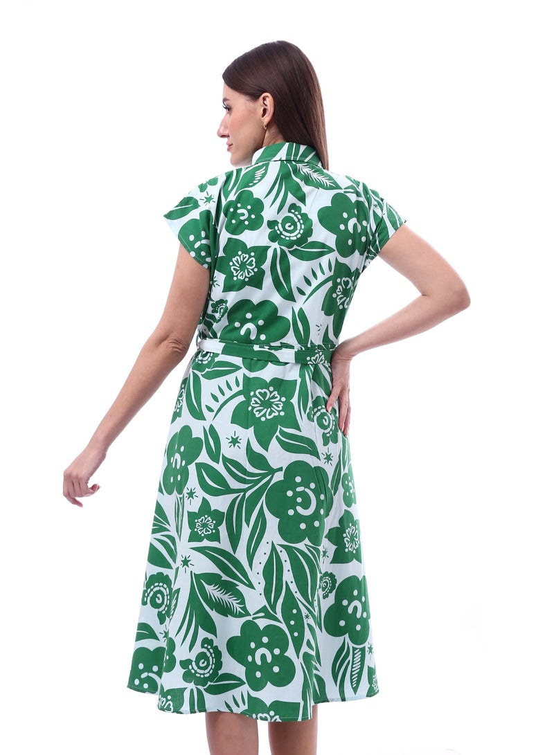 Andora Floral Dress Printed Short Sleeves _ Green & White - Image 4
