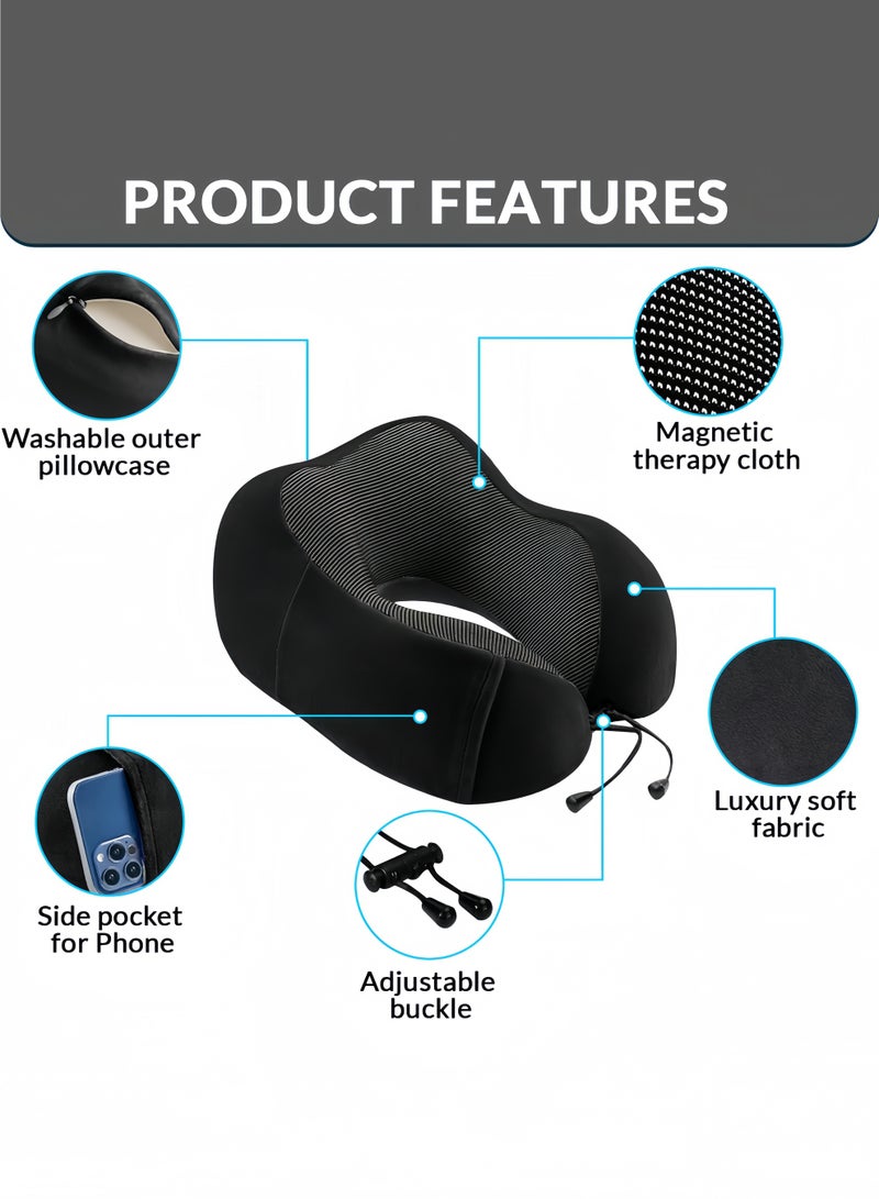 Memory foam pillow, airplane neck pillow, neck and head support pillow for sleep rest and car, travel pillow set with storage bag, sleeping mask and earplugs black  - Image 3