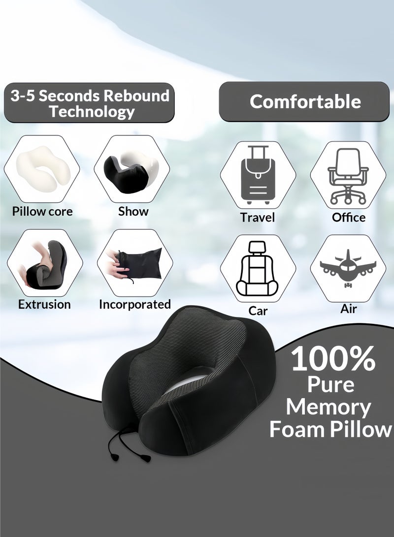 Memory foam pillow, airplane neck pillow, neck and head support pillow for sleep rest and car, travel pillow set with storage bag, sleeping mask and earplugs black  - Image 4