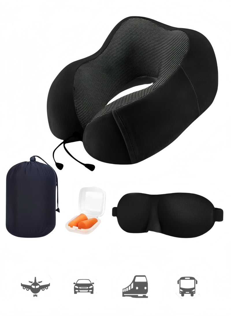 Memory foam pillow, airplane neck pillow, neck and head support pillow for sleep rest and car, travel pillow set with storage bag, sleeping mask and earplugs black  - Image 1