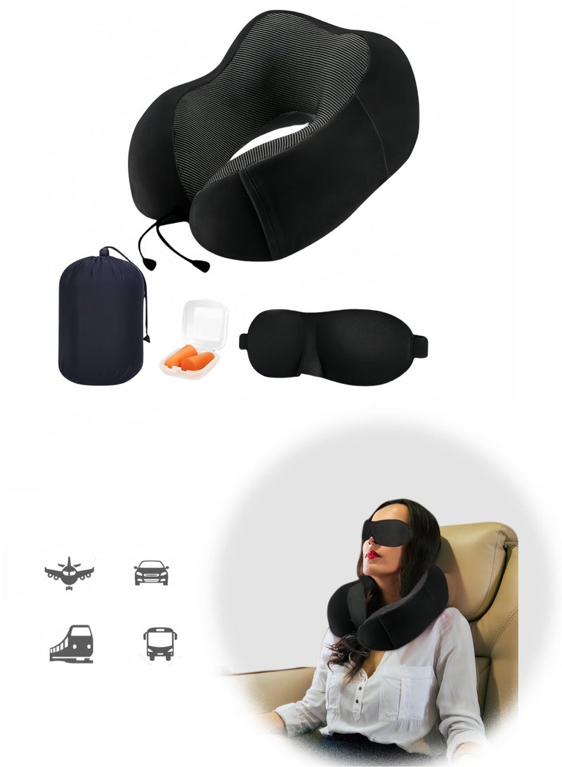 Memory foam pillow, airplane neck pillow, neck and head support pillow for sleep rest and car, travel pillow set with storage bag, sleeping mask and earplugs black - Image 1