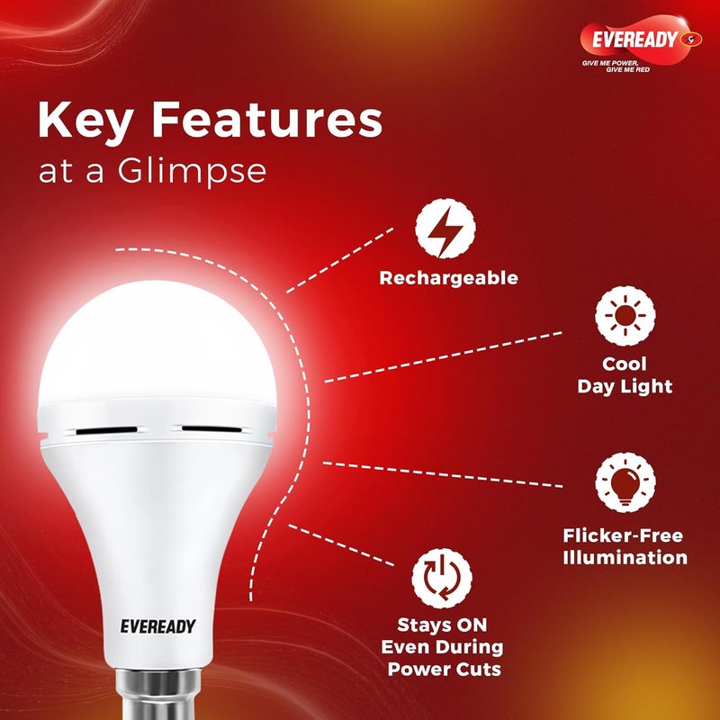 Eveready مصباح LED طوارئ 9 واط، ضوء نهاري بارد (6500 كيلفن)، مصباح قابل لإعادة الشحن مع 3 ساعات من الاحتياطي، مثالي لانقطاع التيار الكهربائي، موفر للطاقة، قاعدة B22، عبوة من 3 - Image 5