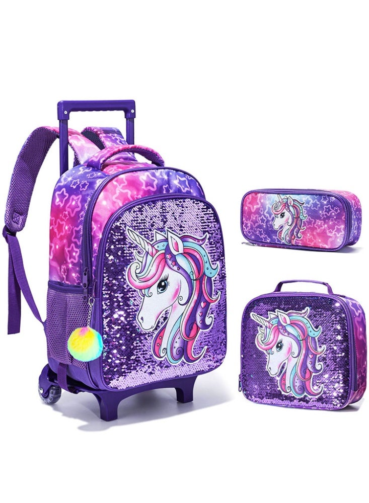 JCB CHIC مجموعة من 3 قطع حقيبة ظهر متدحرجة للأطفال، حقيبة كرتونية لطيفة ذات عجلتين مع صندوق غداء وحقيبة أقلام، حقيبة سفر متعددة الجيوب للأطفال، حقيبة يد للأطفال الصغار في المرحلة الابتدائية - Image 1