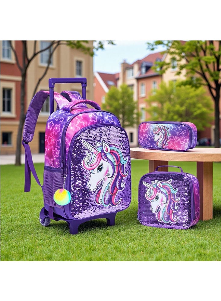 JCB CHIC مجموعة من 3 قطع حقيبة ظهر متدحرجة للأطفال، حقيبة كرتونية لطيفة ذات عجلتين مع صندوق غداء وحقيبة أقلام، حقيبة سفر متعددة الجيوب للأطفال، حقيبة يد للأطفال الصغار في المرحلة الابتدائية - Image 5