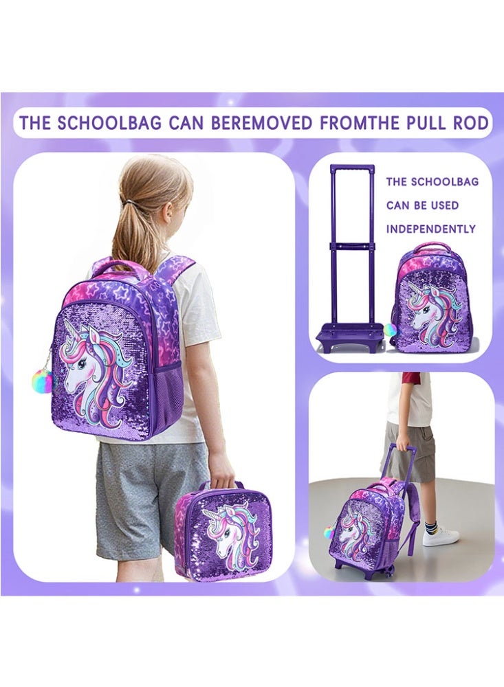 JCB CHIC مجموعة من 3 قطع حقيبة ظهر متدحرجة للأطفال، حقيبة كرتونية لطيفة ذات عجلتين مع صندوق غداء وحقيبة أقلام، حقيبة سفر متعددة الجيوب للأطفال، حقيبة يد للأطفال الصغار في المرحلة الابتدائية - Image 4